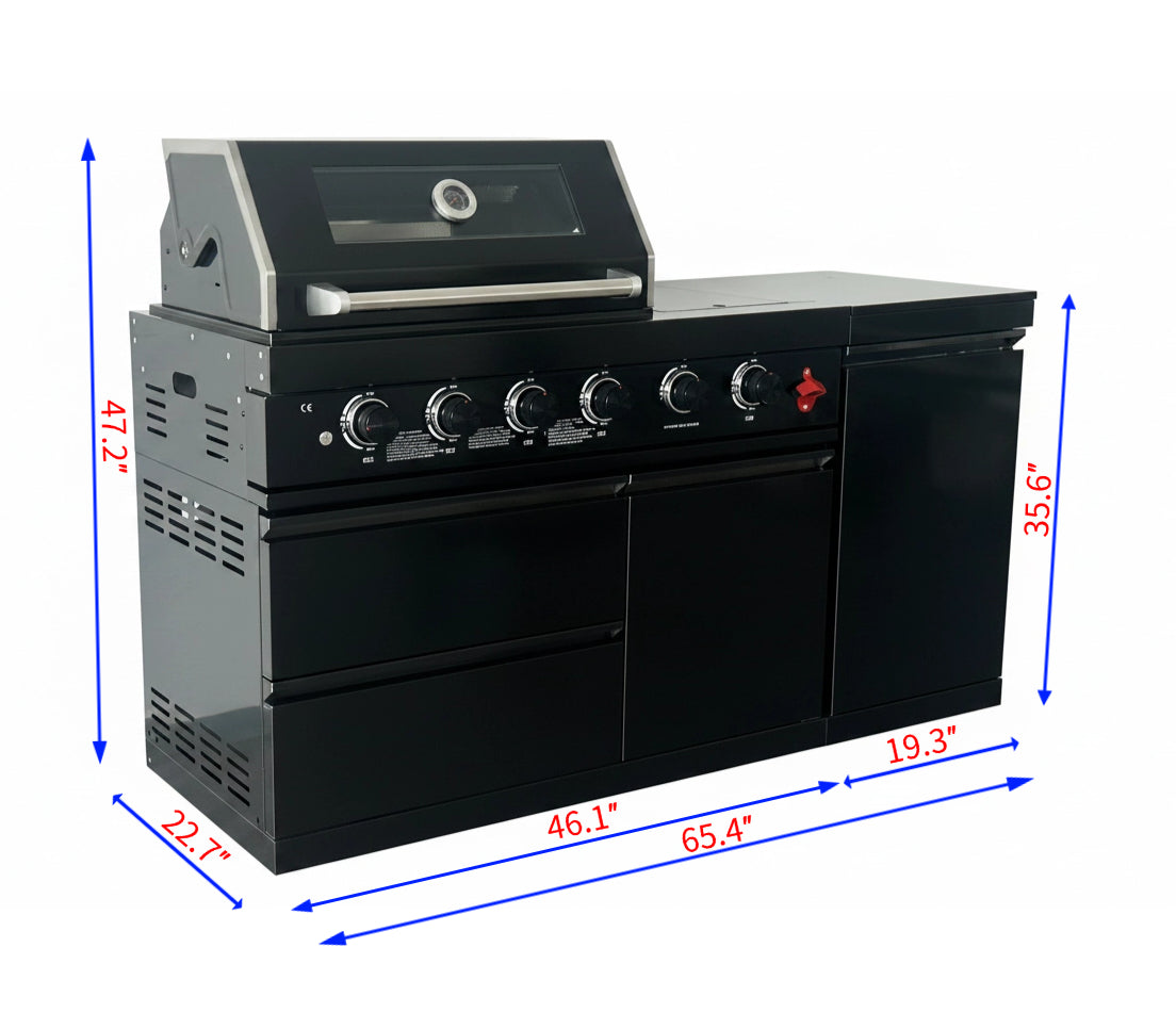 65" Outdoor Kitchen with 4-Burner Grill, Side Burner & Refrigerator – Black