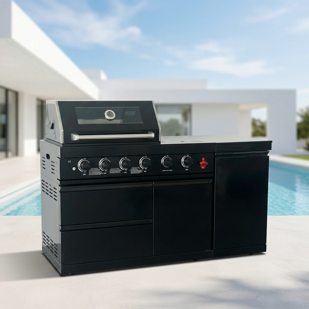 65" Outdoor Kitchen with 4-Burner Grill, Side Burner & Refrigerator – Black