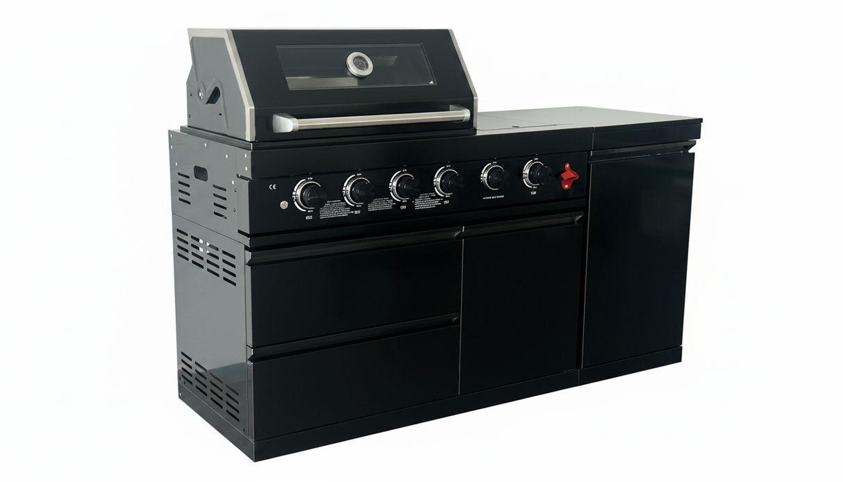 65" Outdoor Kitchen with 4-Burner Grill, Side Burner & Refrigerator – Black