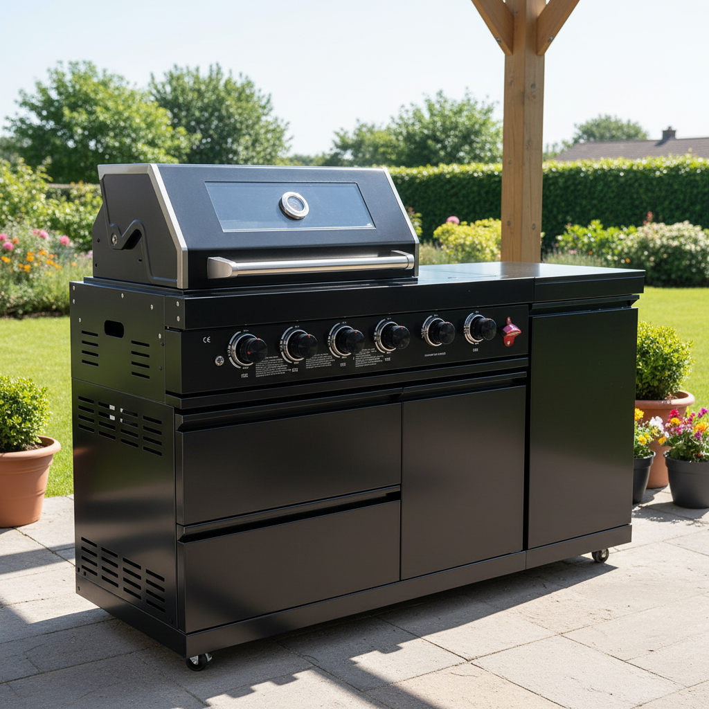 65" Outdoor Kitchen with 4-Burner Grill, Side Burner & Refrigerator – Black