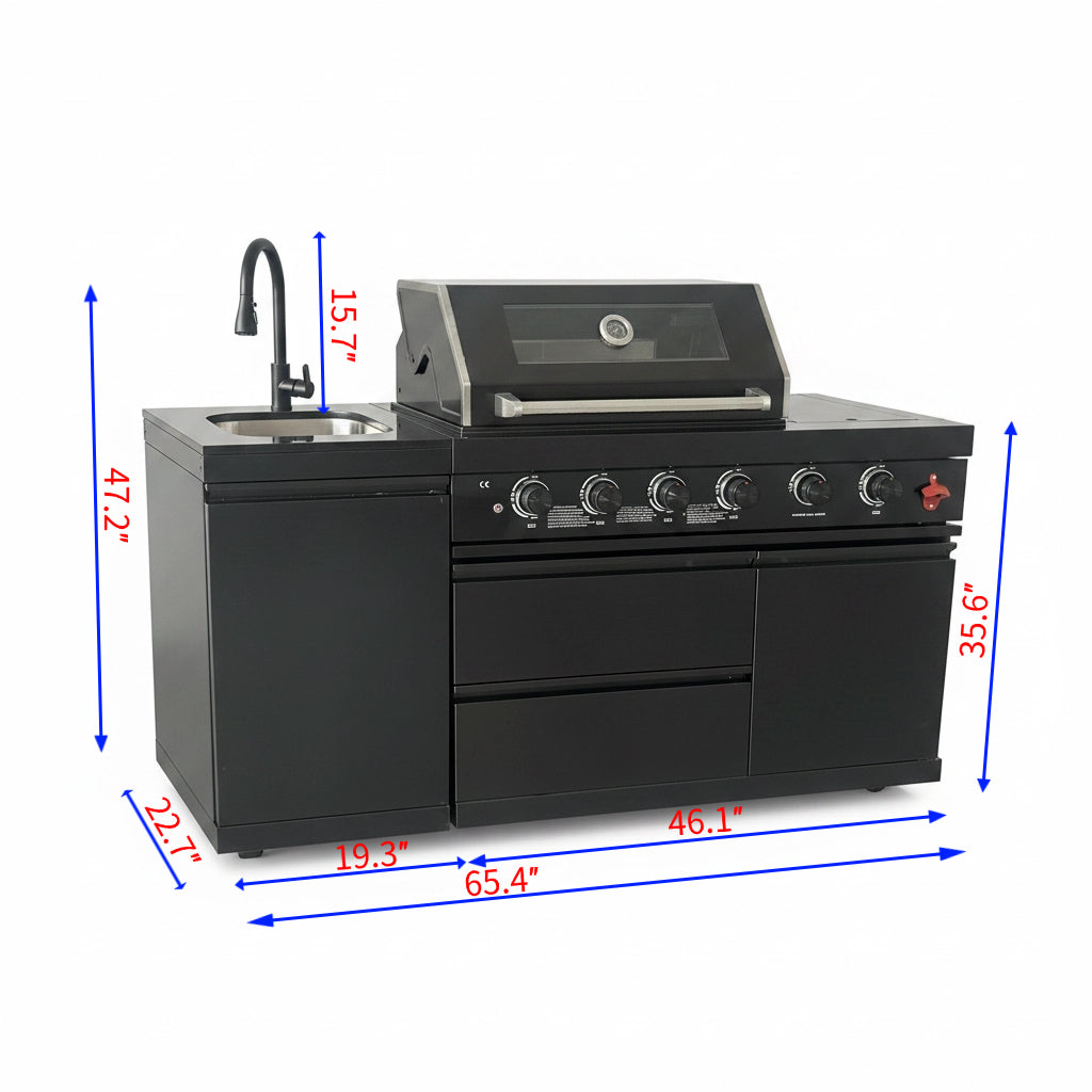 65" Outdoor Kitchen with 4-Burner Grill, Round Side Burner & Refrigerator – Black