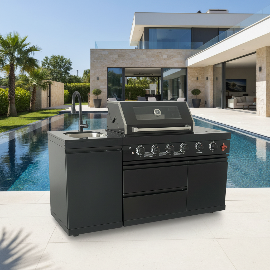 65" Outdoor Kitchen with 4-Burner Grill, Round Side Burner & Refrigerator – Black