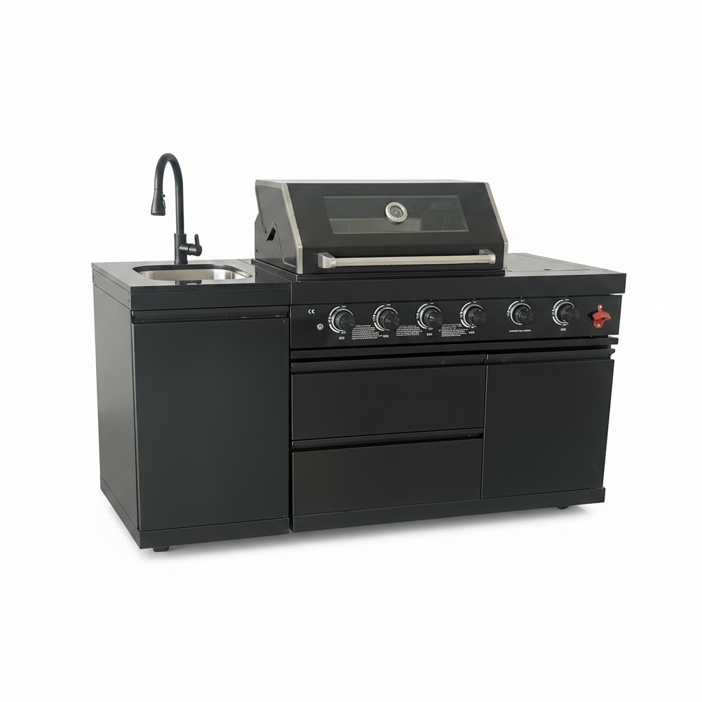 65" Outdoor Kitchen with 4-Burner Grill, Round Side Burner & Refrigerator – Black