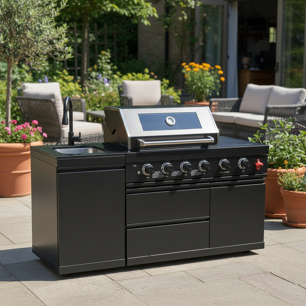65" Outdoor Kitchen with 4-Burner Grill, Round Side Burner & Refrigerator – Black