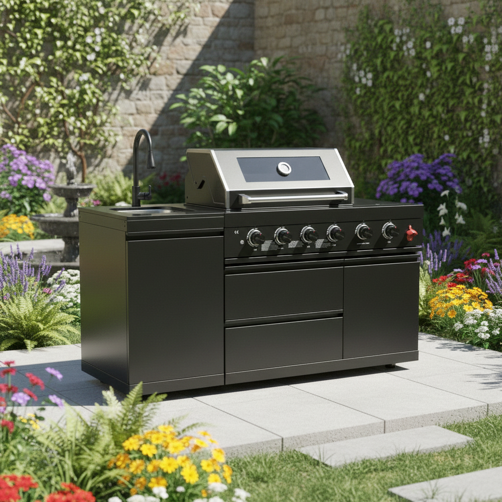 65" Outdoor Kitchen with 4-Burner Grill, Round Side Burner & Refrigerator – Black