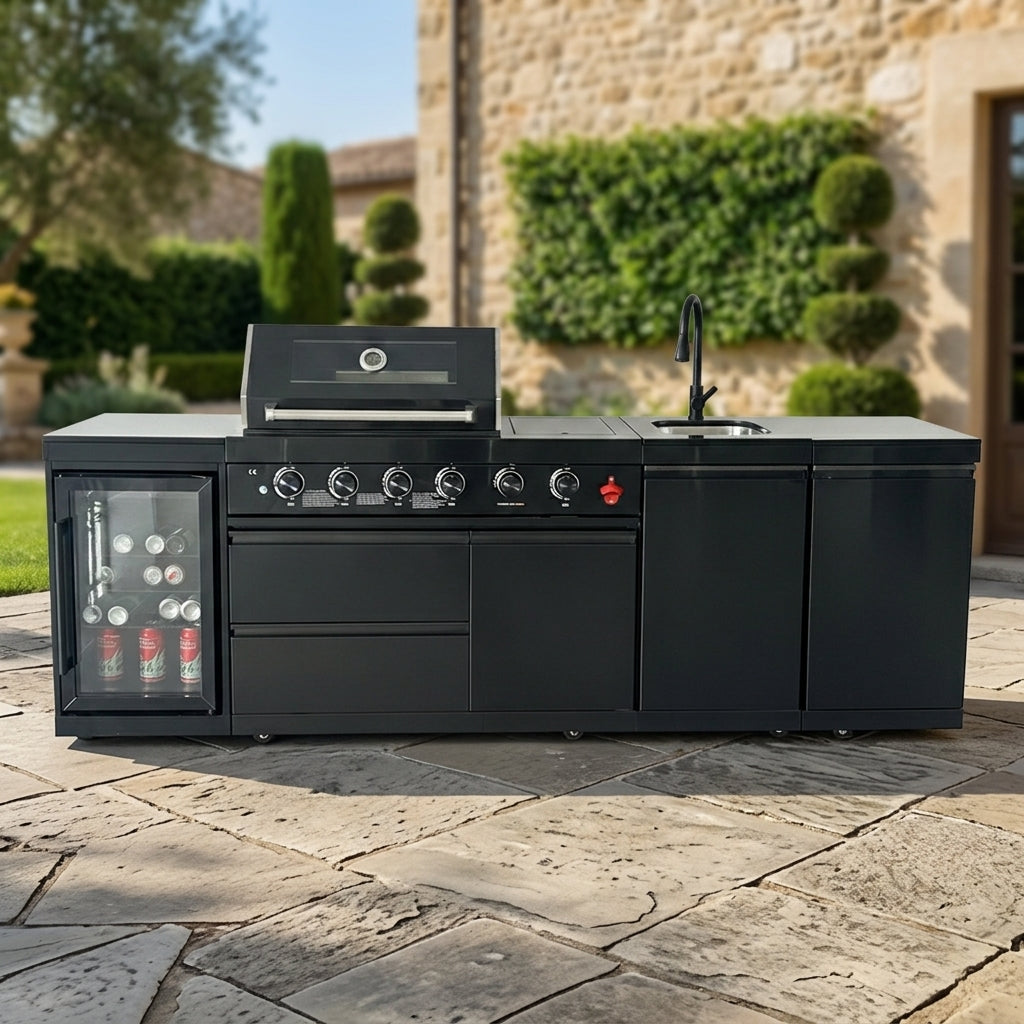 104" Stainless Steel Outdoor Kitchen Island with 4-Burner Grill, Beverage Cooler & Sink – Black