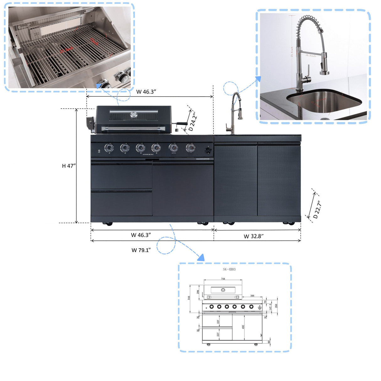 79" 72,000 BTU Propane Outdoor Kitchen with Side Burner, Rotisserie & Sink – Black