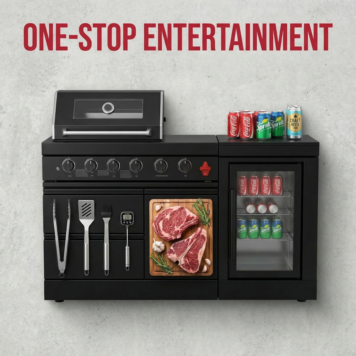 65" Outdoor Kitchen with 4-Burner Grill, Beverage Refrigerator & Marble Countertops – Black