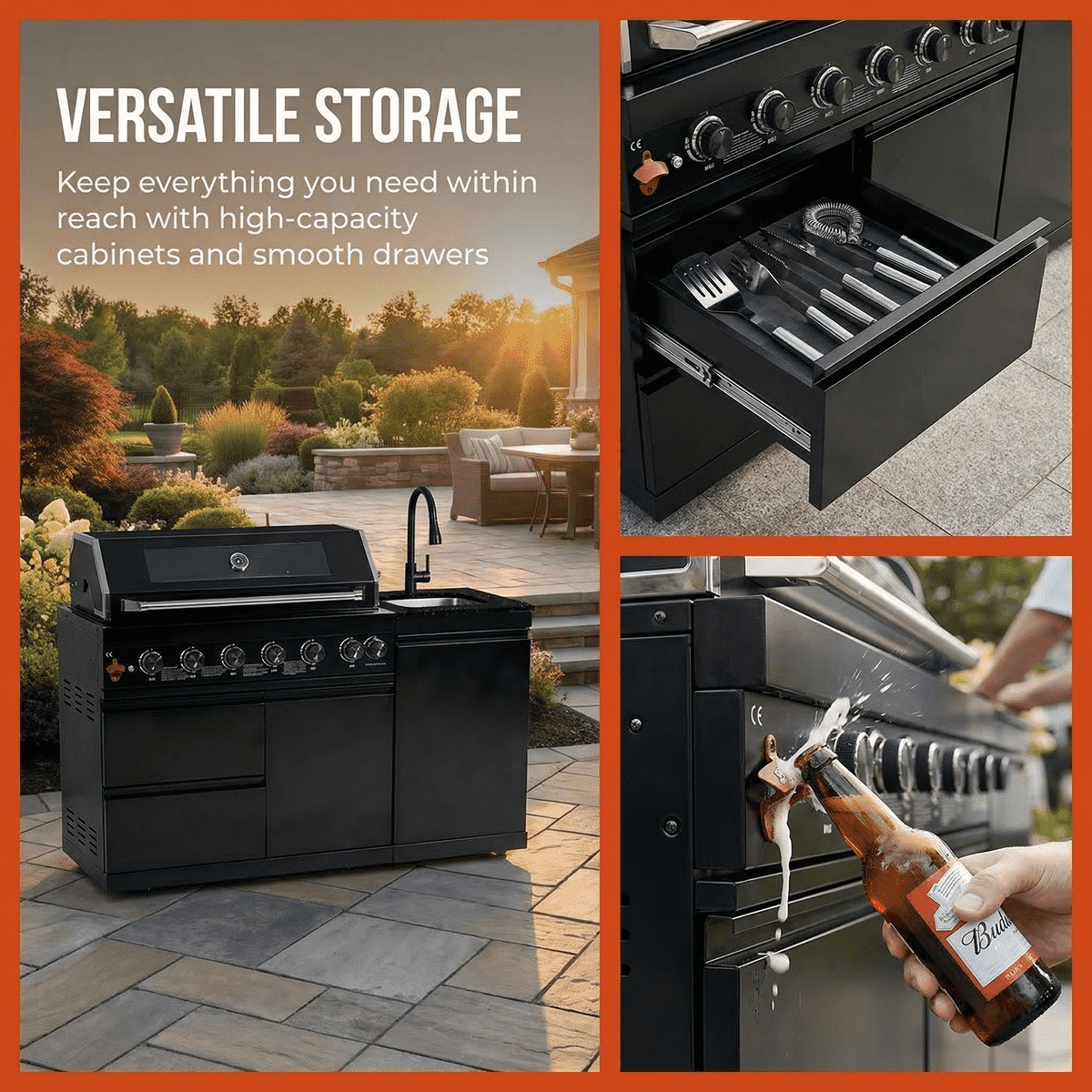 63" Six-Zone 85,000 BTU Outdoor Kitchen with Refrigerator & Sink – Black