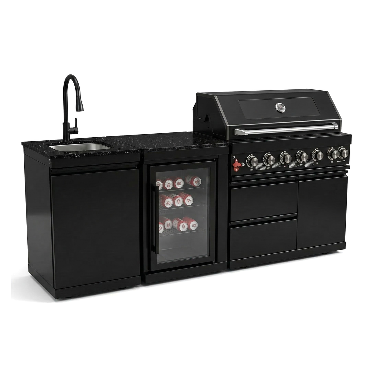 82" 85,000 BTU Outdoor Kitchen with 6-Burner Grill, Sink & Beverage Refrigerator – Black