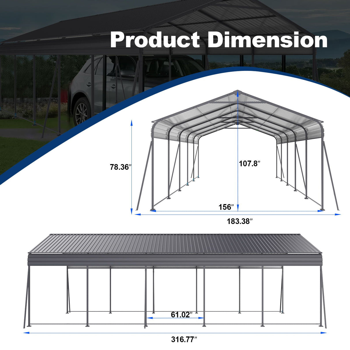 13' × 26.5' Heavy-Duty Metal Carport with Galvanized Steel Roof – Gray