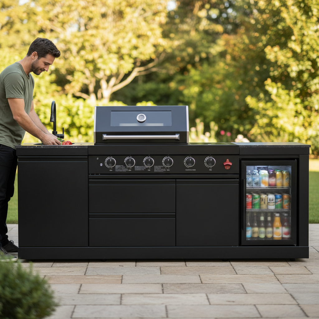 85" Outdoor Kitchen with 4-Burner Grill, Compact Refrigerator & Sink – Black