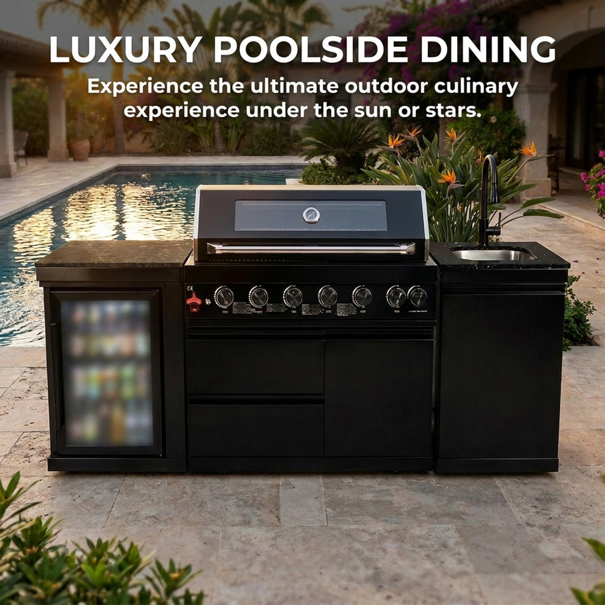 82" 85,000 BTU Outdoor Kitchen with 6-Burner Grill, Sink & Beverage Refrigerator – Black