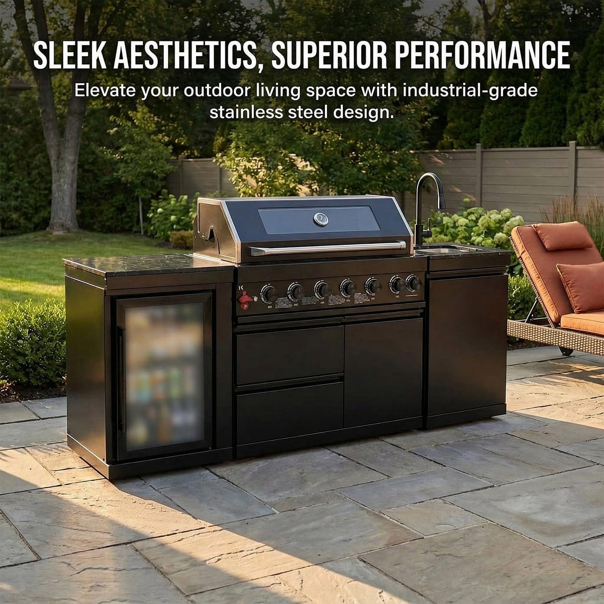 82" 85,000 BTU Outdoor Kitchen with 6-Burner Grill, Sink & Beverage Refrigerator – Black