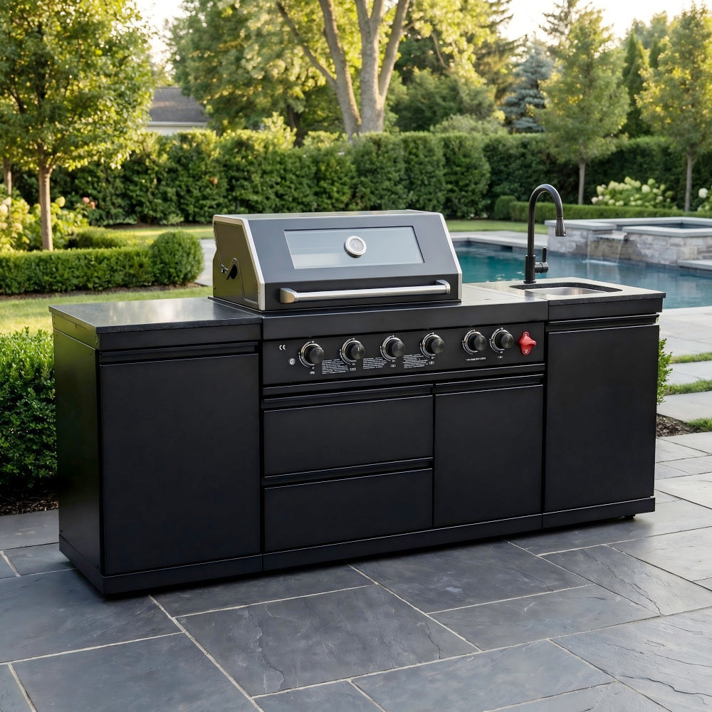 85" 4-Burner 85,000 BTU Outdoor Kitchen Island with Sink & Refrigerator – Black