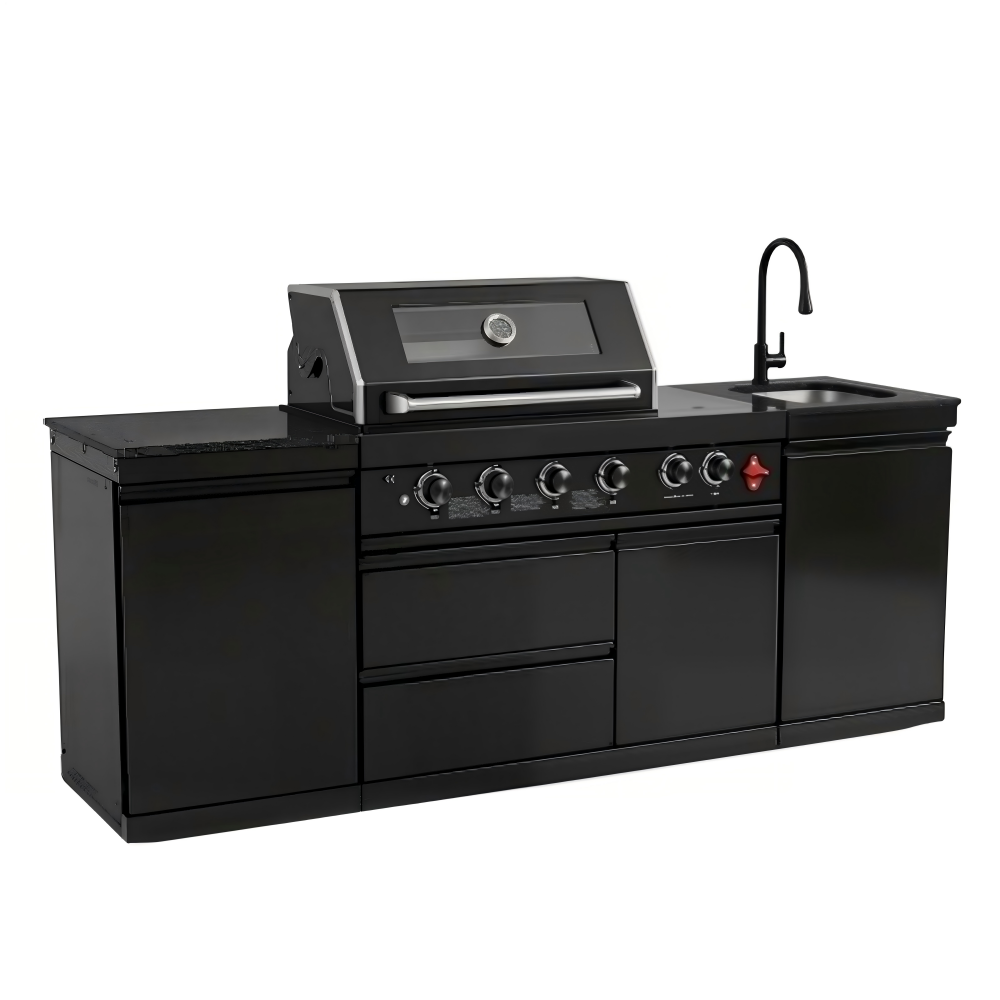 85" 4-Burner 85,000 BTU Outdoor Kitchen Island with Sink & Refrigerator – Black