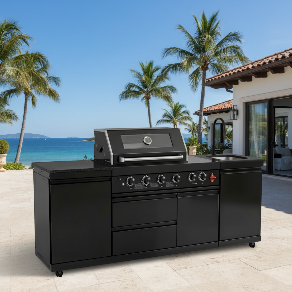85" 4-Burner 85,000 BTU Outdoor Kitchen Island with Sink & Refrigerator – Black