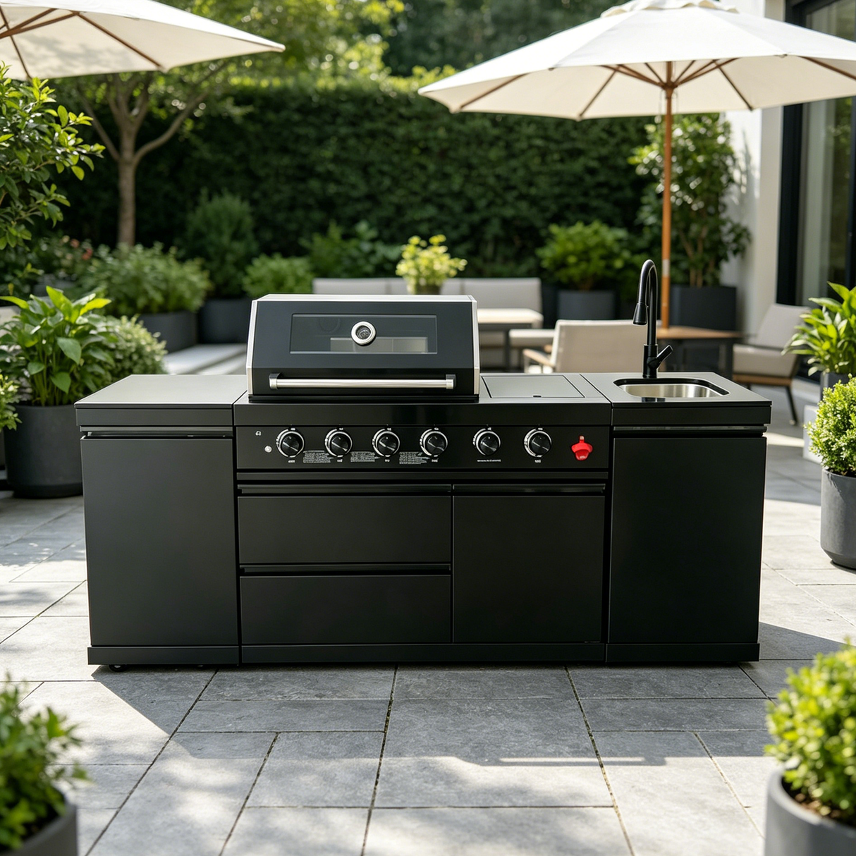 85" 4-Burner 85,000 BTU Outdoor Kitchen Island with Sink & Refrigerator – Black