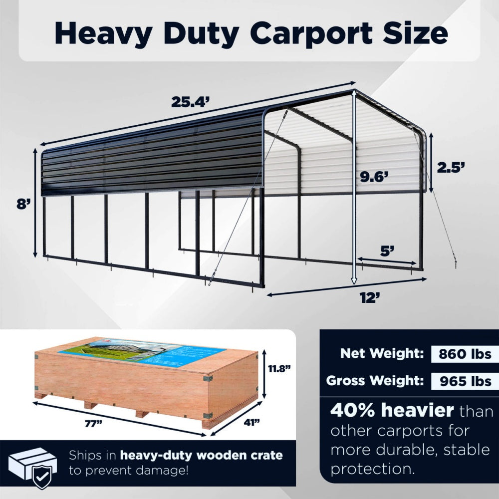 12' × 25' Heavy-Duty Metal Carport with Corrugated Steel Roof
