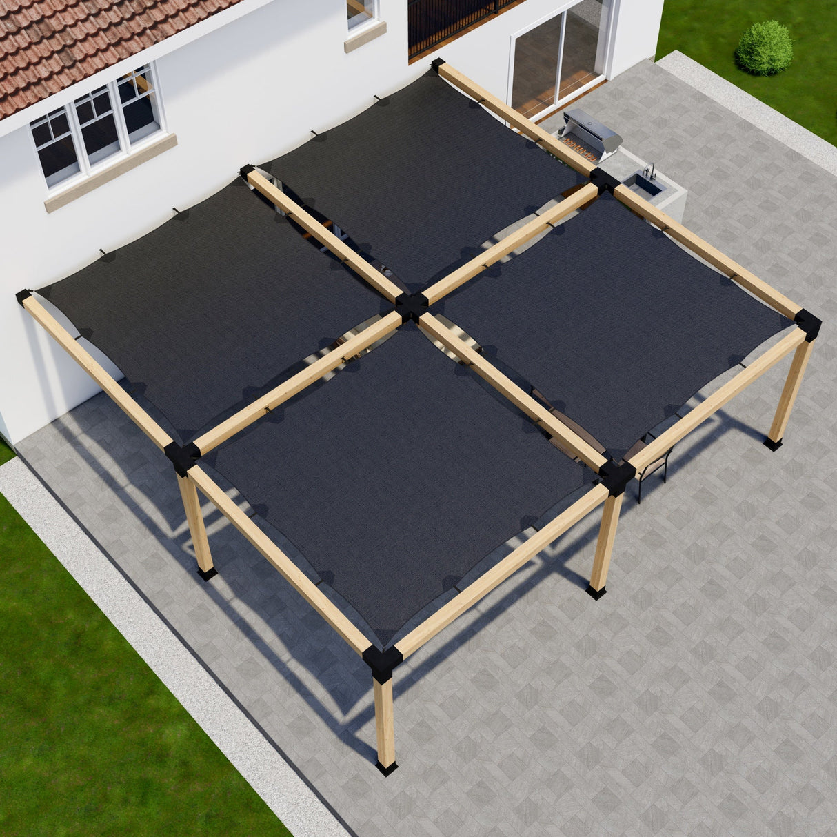 Zen DIY Attached Pergola Kit with Four Shade Canopies – Up to 24' × 24'