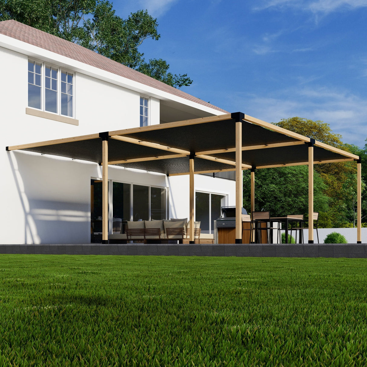 Zen DIY Attached Pergola Kit with Four Shade Canopies – Up to 24' × 24'