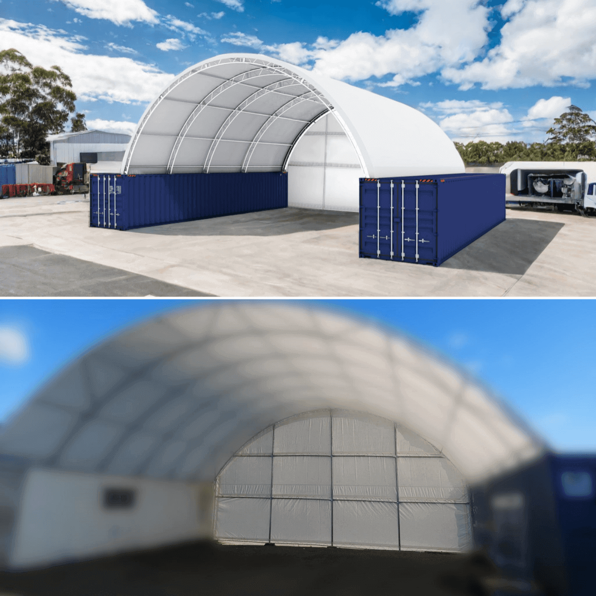 40' × 40' × 15' Double-Truss Container Shelter with Closed Rear Panel
