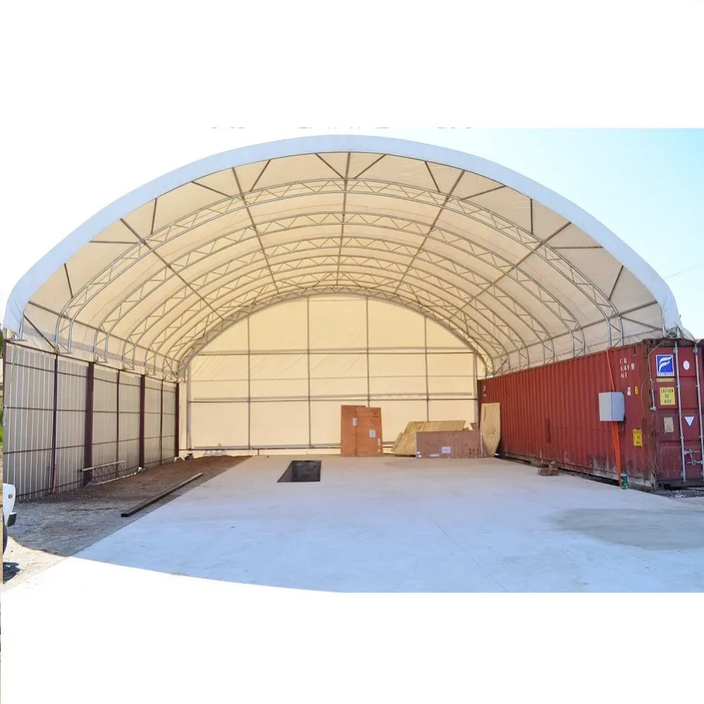 40' × 40' × 15' Double-Truss Container Shelter with Closed Rear Panel