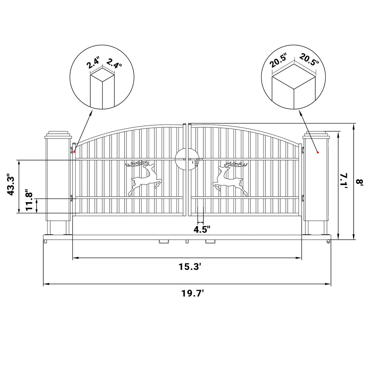 20' × 8' Powder-Coated Iron Dual-Swing Driveway Gate with Deer Motif