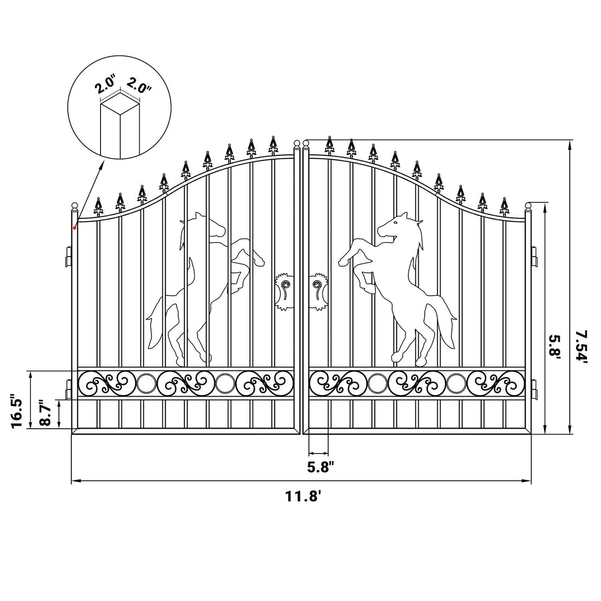 12' × 8' Horse-Pattern Galvanized-Steel Dual-Swing Driveway Gate