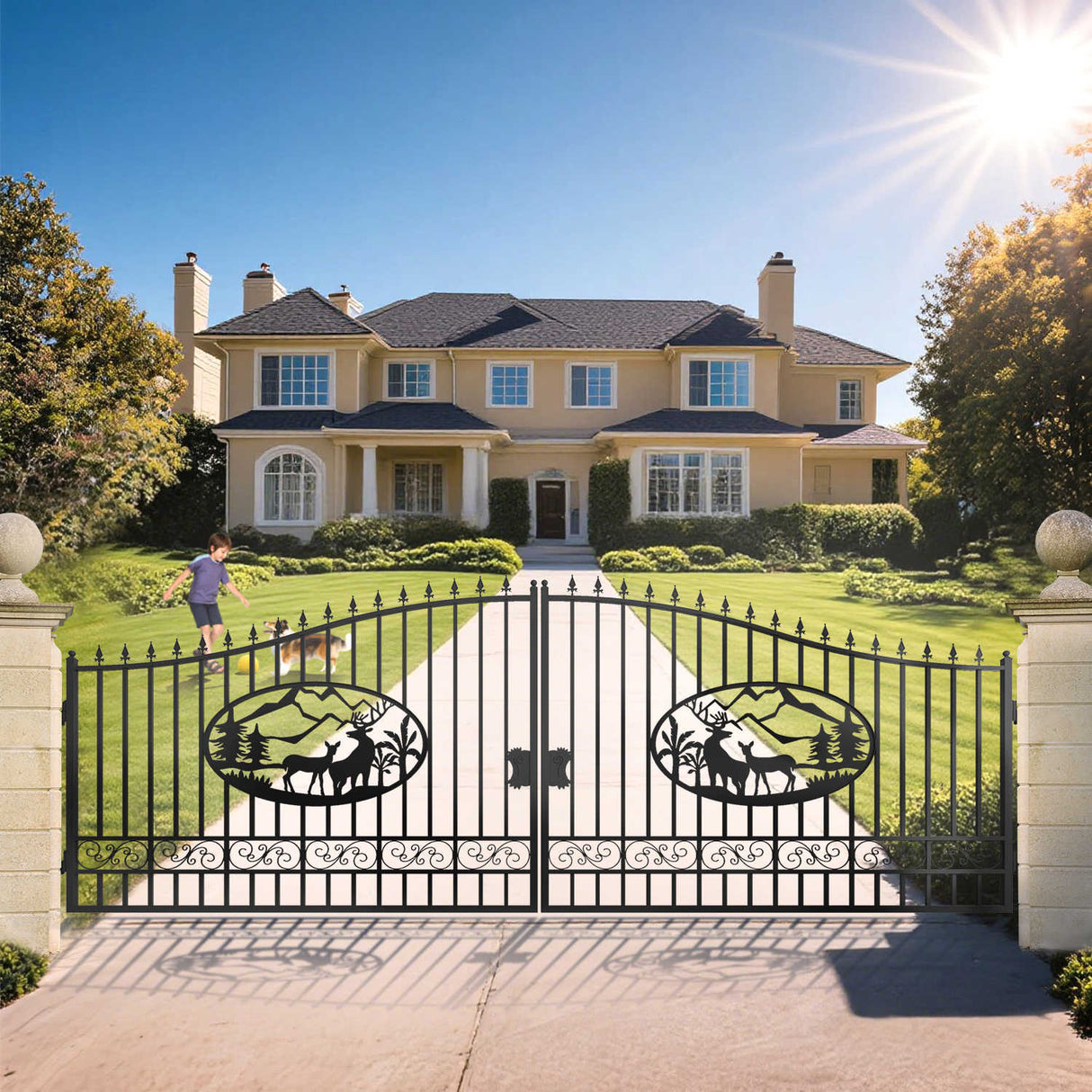20' × 8' Steel Dual-Swing Driveway Gate with Deer Motif – Black