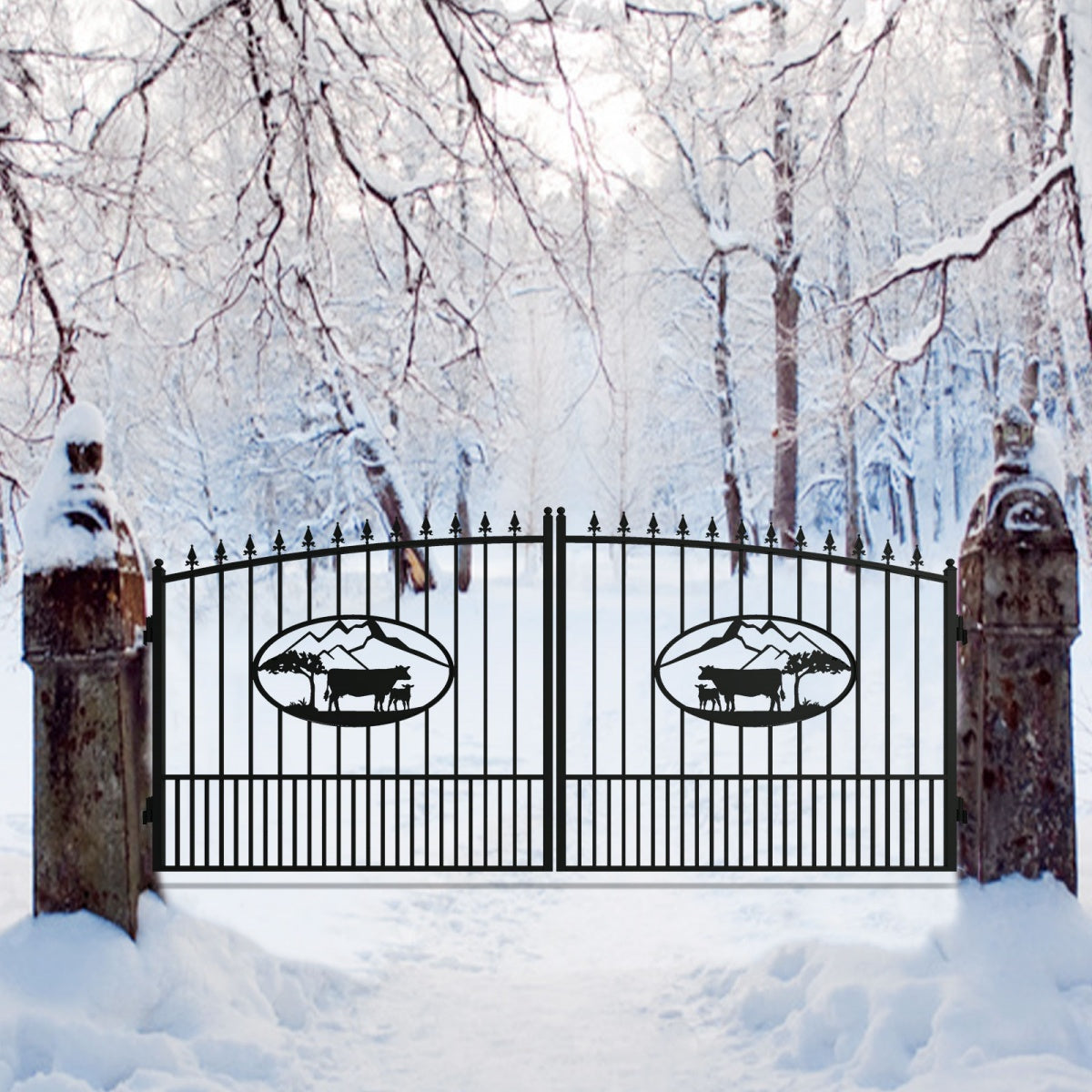 14' × 8' Steel Dual-Swing Driveway Gate with Deer Motif – Black