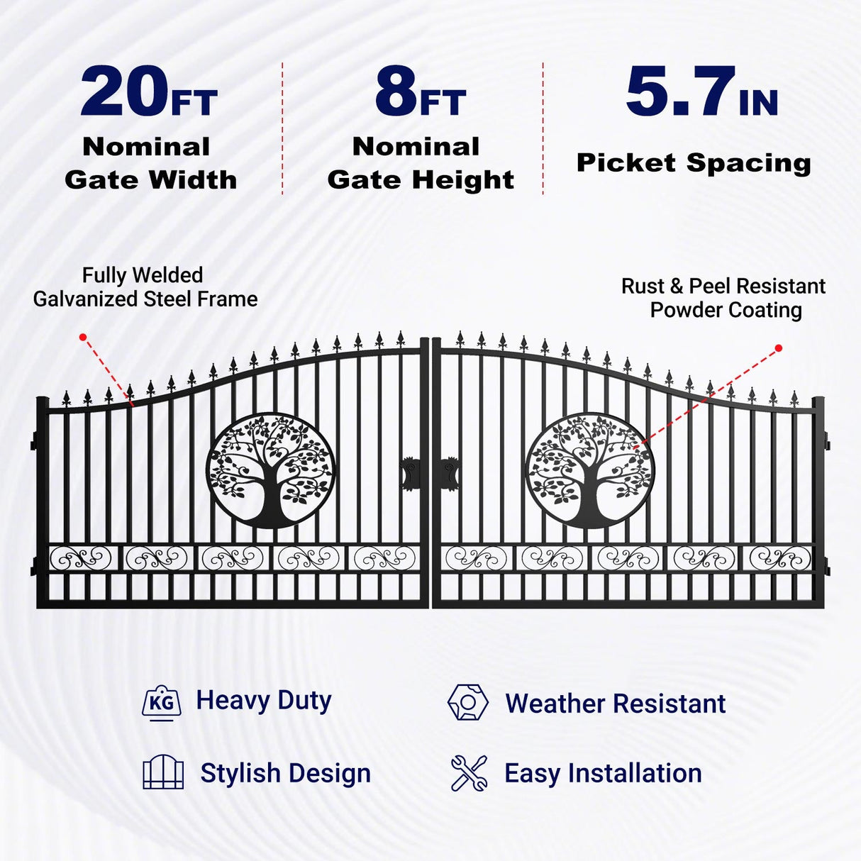 20' × 8' Heavy-Duty Steel Dual-Swing Driveway Gate with Reinforced Uprights