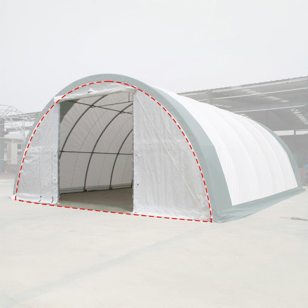 White PE Front/Rear Panel with Roll-Up Door for 30' × 85' × 15' Dome Shelter
