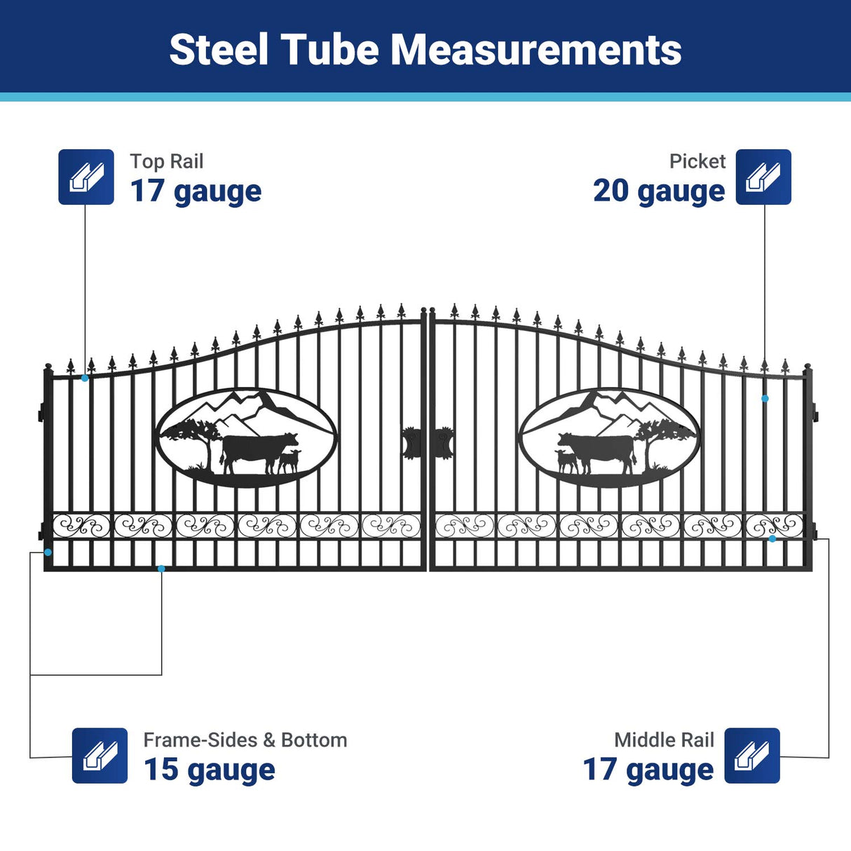 20' × 8' Steel Dual-Swing Driveway Gate with Deer Motif – Black