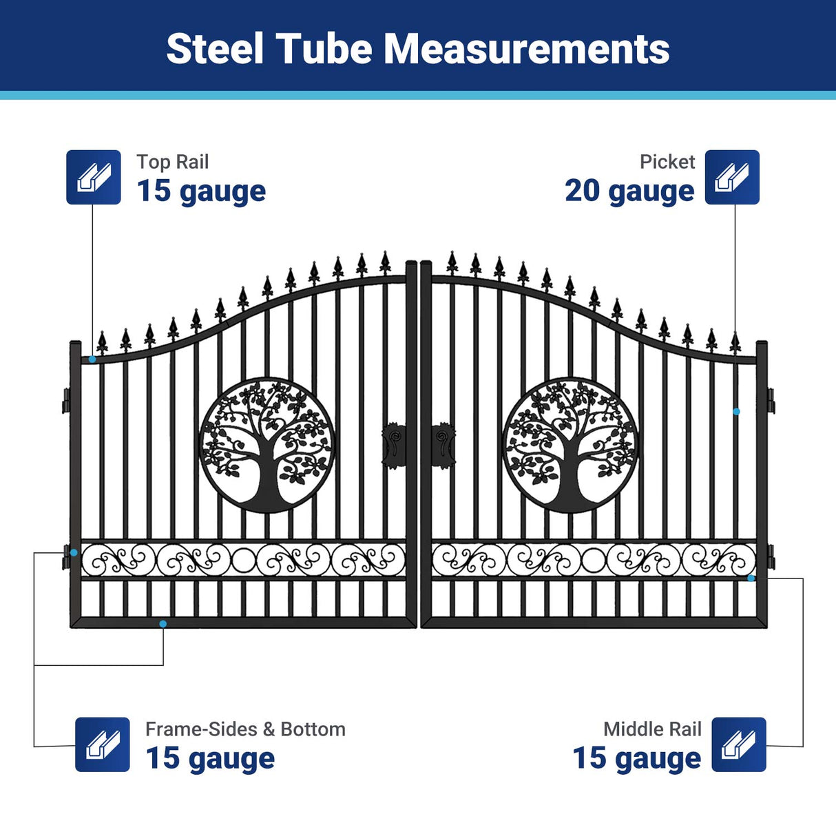 14' × 8' Galvanized-Steel Dual-Swing Driveway Gate with Tree Design