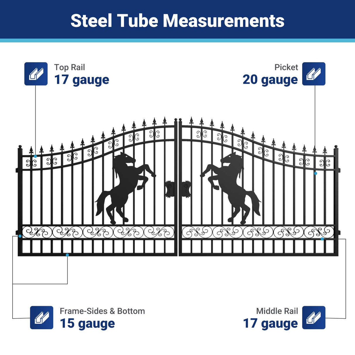 16' × 7' Steel Dual-Swing Driveway Gate with Horse Design