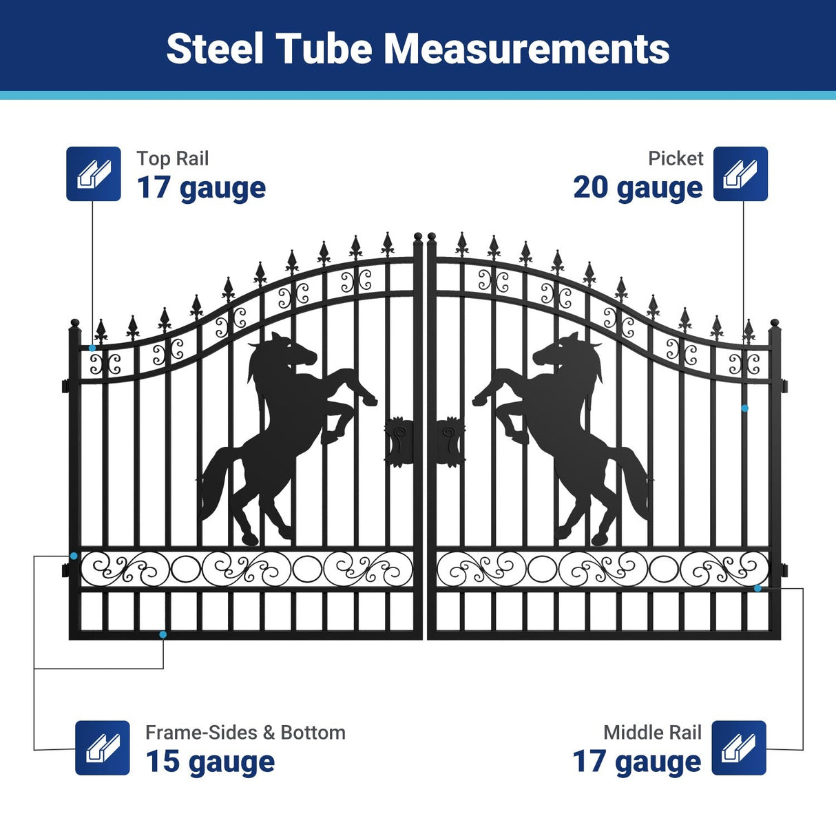 12' × 8' Horse-Pattern Galvanized-Steel Dual-Swing Driveway Gate