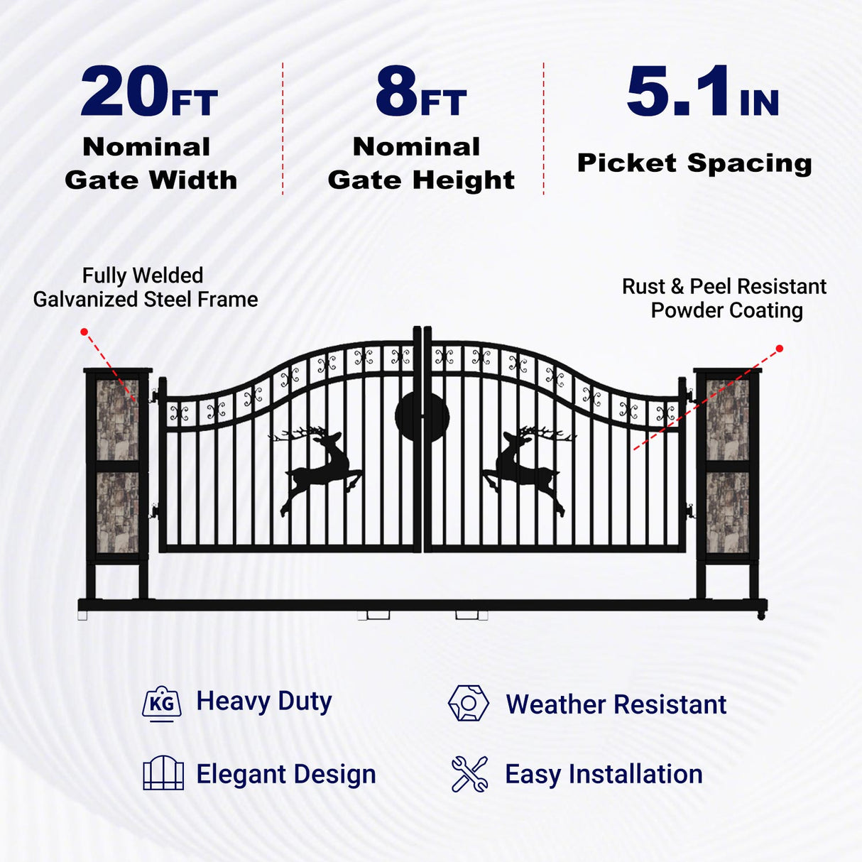 20' × 8' Powder-Coated Iron Dual-Swing Driveway Gate with Deer Motif