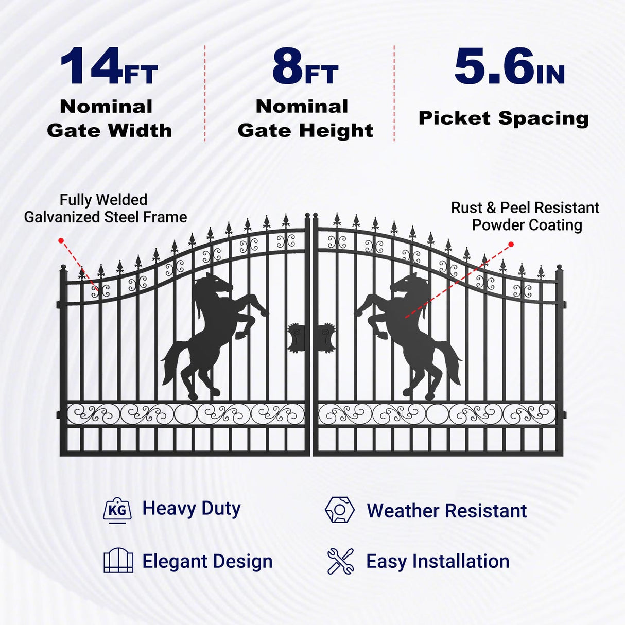 14' × 8' Galvanized-Steel Dual-Swing Driveway Gate with Horse Design