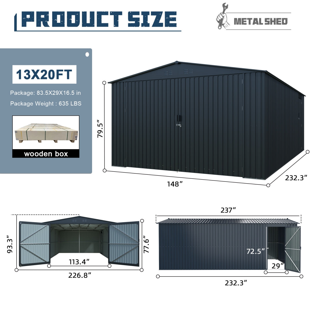 13' × 20' Upgraded Metal Garage Shed with Double Front Doors & Side Entry