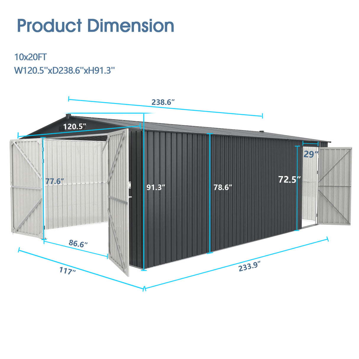 10' × 20' Galvanized-Steel Storage Shed with Double Front Doors & Side Entry