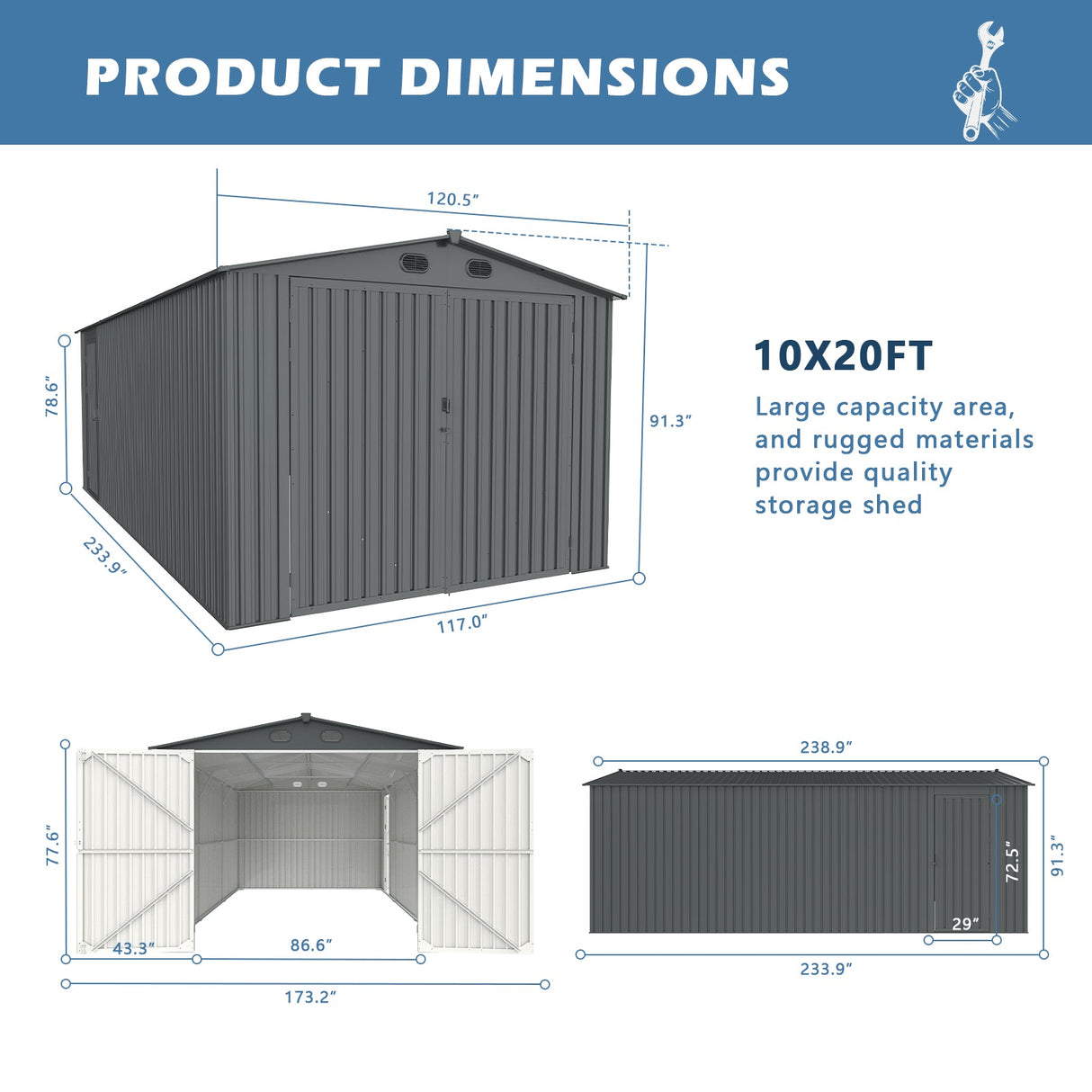 10' × 20' Galvanized-Steel Storage Shed with Double Front Doors & Side Entry
