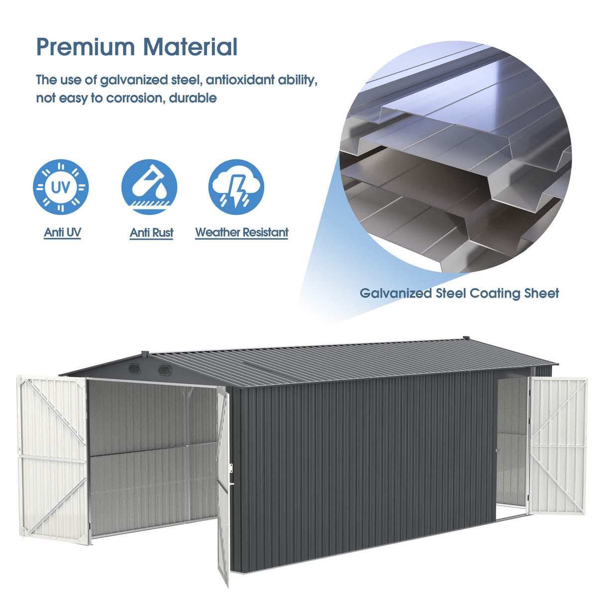 13' × 20' Galvanized-Steel Storage Shed with Double Front Doors & Side Entry