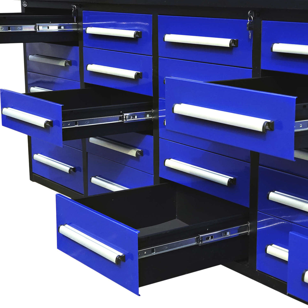 10' Mobile 25-Drawer Steel Storage Workbench with Plywood-Lined Top