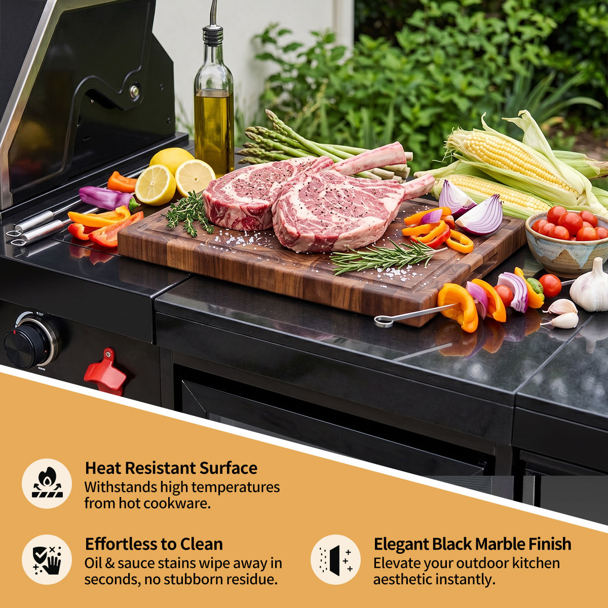 65" Outdoor Kitchen with 4-Burner Grill, Round Side Burner & Refrigerator – Black