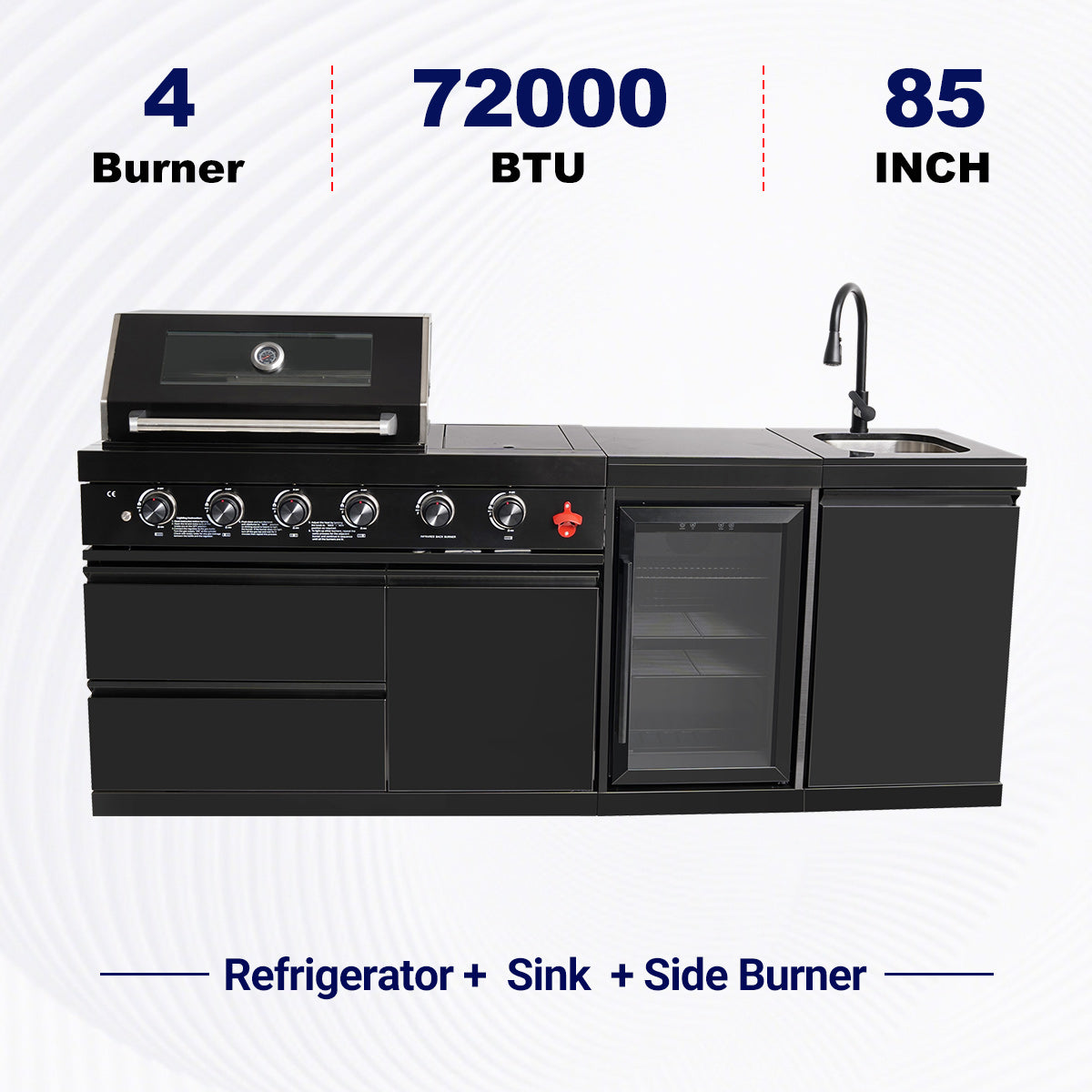 85" Outdoor Kitchen with 4-Burner Grill, Compact Refrigerator & Sink – Black