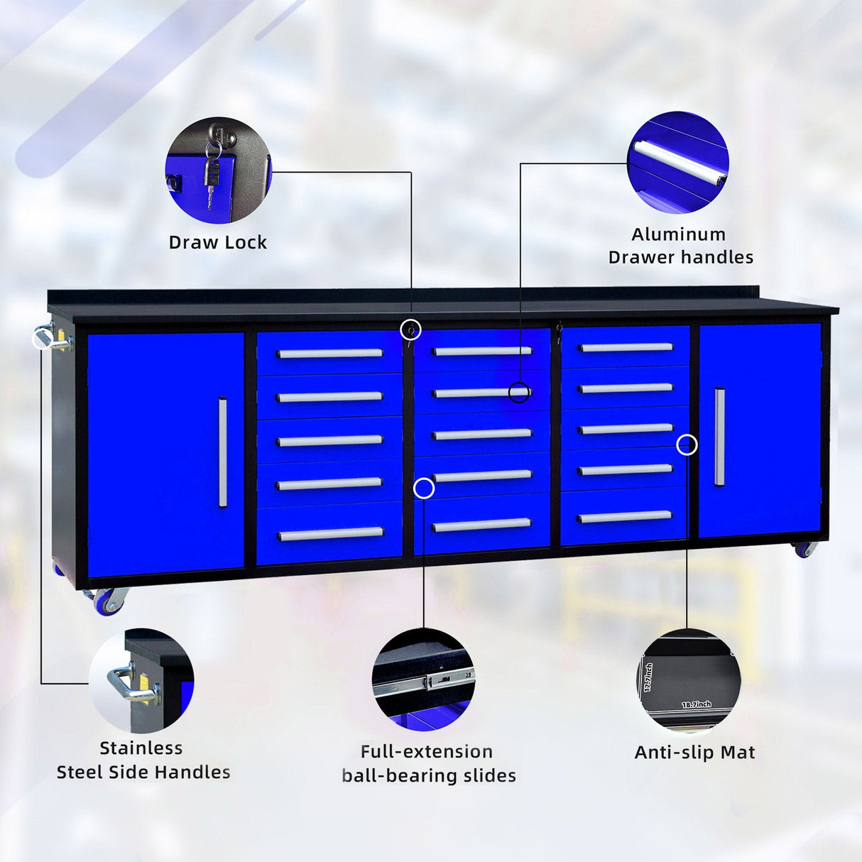 10' Mobile 15-Drawer Steel Storage Workbench with Plywood-Lined Top