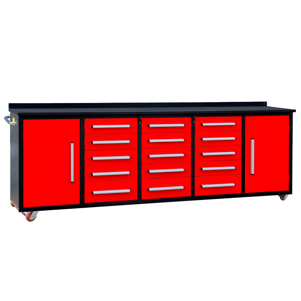 10' Mobile 15-Drawer Steel Storage Workbench with Plywood-Lined Top