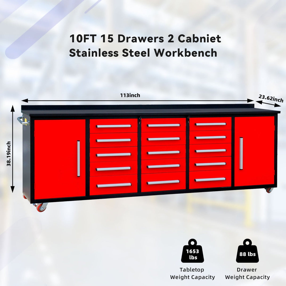 10' Heavy-Duty Workbench Storage Cabinet with 15 Drawers & 2 Cabinets