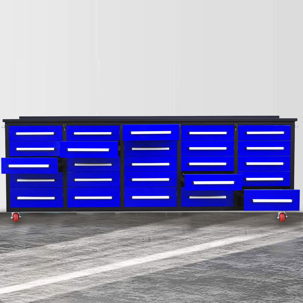 10' Mobile 25-Drawer Steel Storage Workbench with Plywood-Lined Top